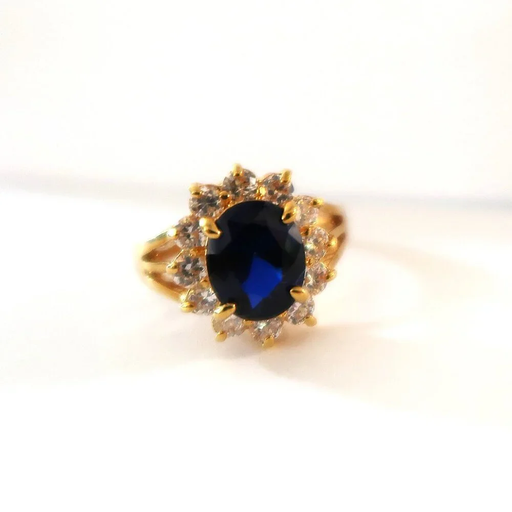 Mens 14K Gold Electroplate Ring Blue Center Stone White Accents Sz 8.75